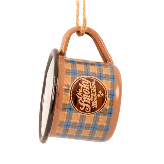 BROWN/BLUE PLAID ENAMEL MINI MUG ORNAMENT